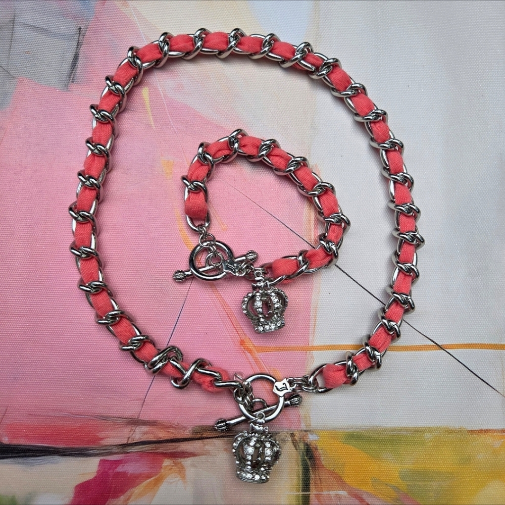 Juicy Couture Y2K Crown Charm Silver tone Pink Braided Vtg Matching Jewelry Set